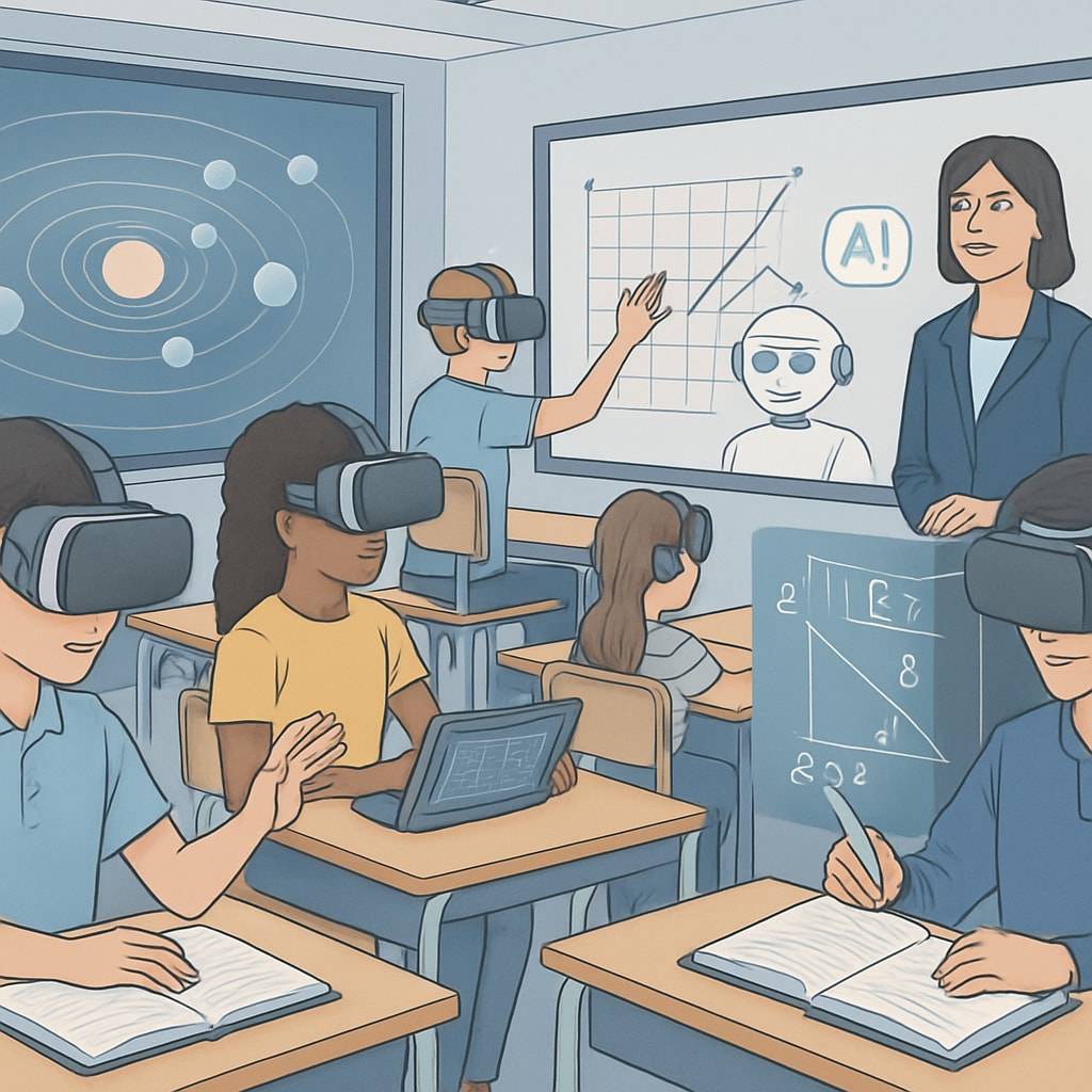 A futuristic classroom with students using virtual reality headsets and AI-driven tools. A futuristic classroom showcasing students with VR headsets and AI technology.