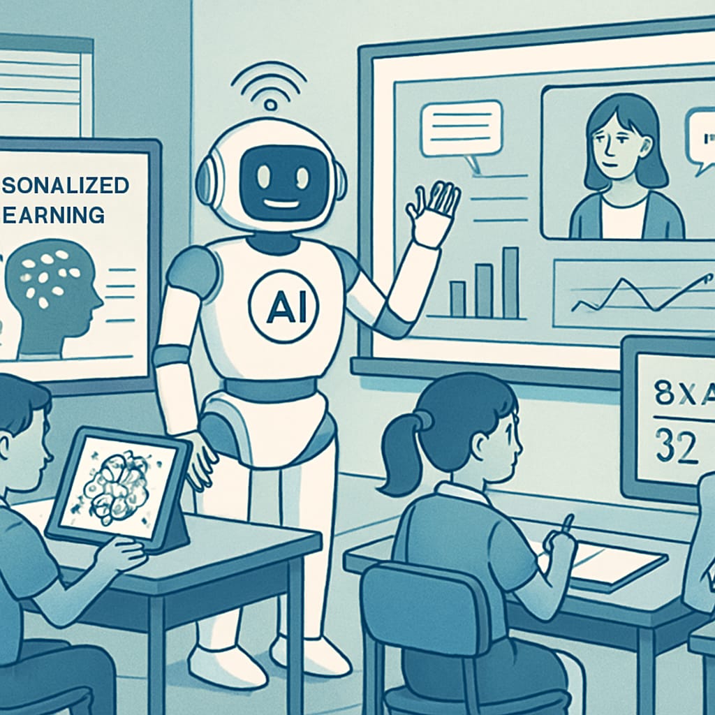A futuristic classroom featuring AI-powered tools and interactive screens, symbolizing personalized learning powered by artificial intelligence. AI-powered classroom tools for personalized learning in 2030 education