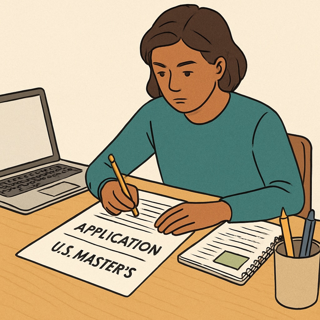 A student studying with application documents and a laptop, symbolizing the preparation process for U.S. master’s applications. Student preparing U.S. master’s applications with relevant documents and a laptop.