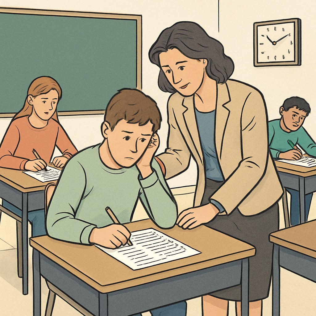 A teacher helping an ADHD student during a standardized test.
