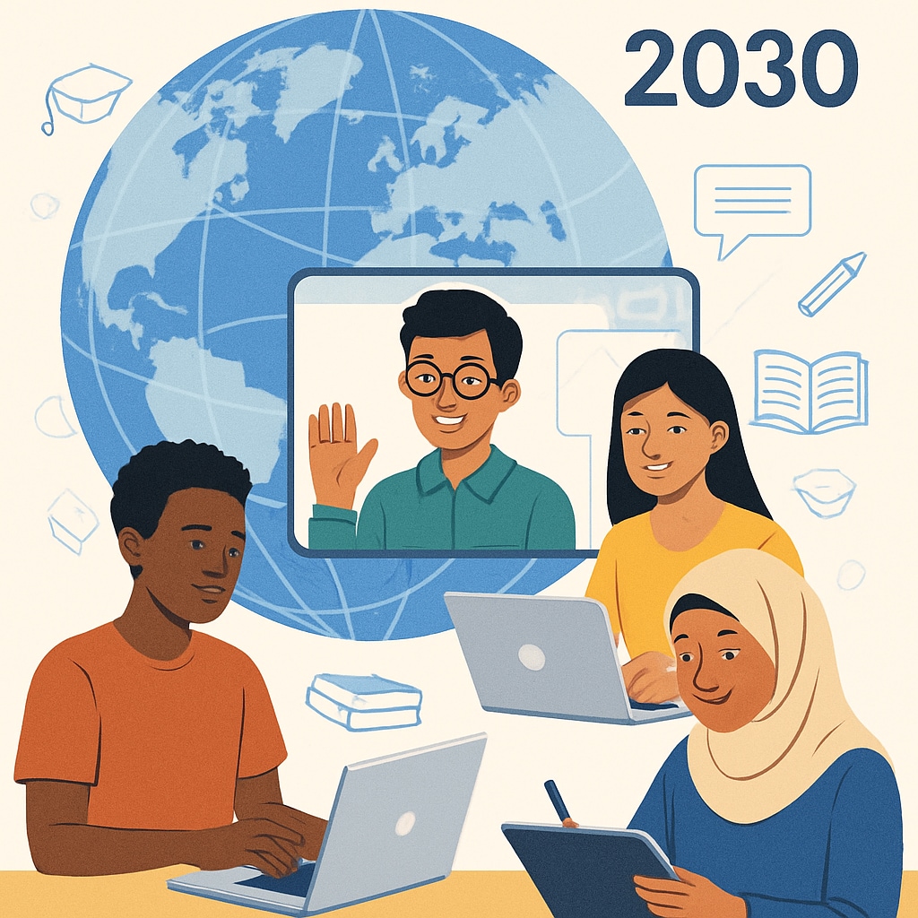 Students from diverse cultural backgrounds collaborating virtually, symbolizing the global reach of education in 2030. Students collaborating globally in a virtual classroom for 2030 education