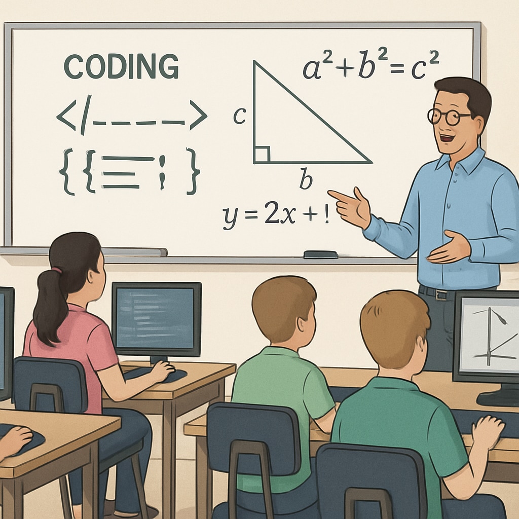 Students learning coding and math concepts in an integrated classroom setting