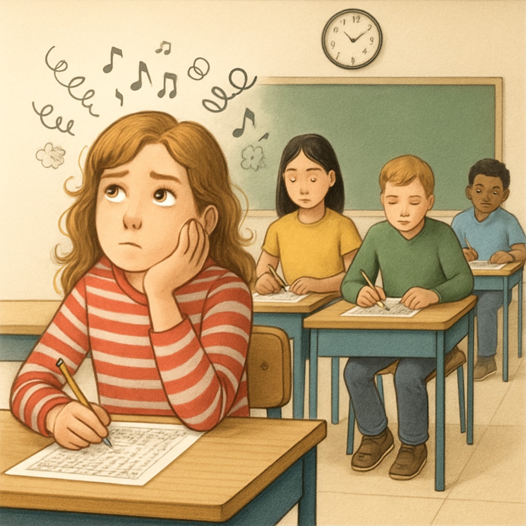 A classroom setting where students are taking standardized tests, illustrating the challenges ADHD students face in traditional evaluation systems. Students taking standardized tests, highlighting ADHD struggles in gifted education programs.