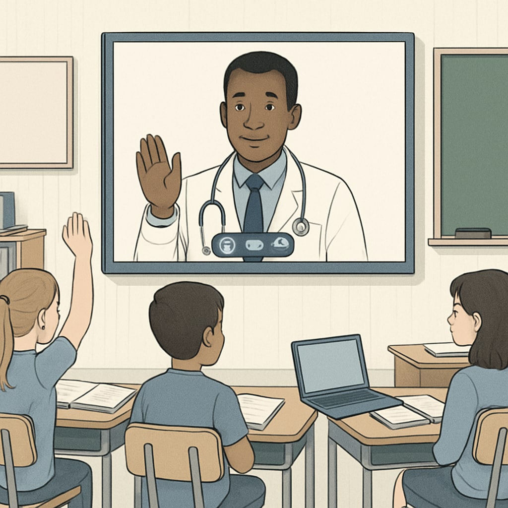 Students engaging with a doctor virtually via a video call, with a classroom setup in the background. Students discussing medical career paths with a doctor during a school project