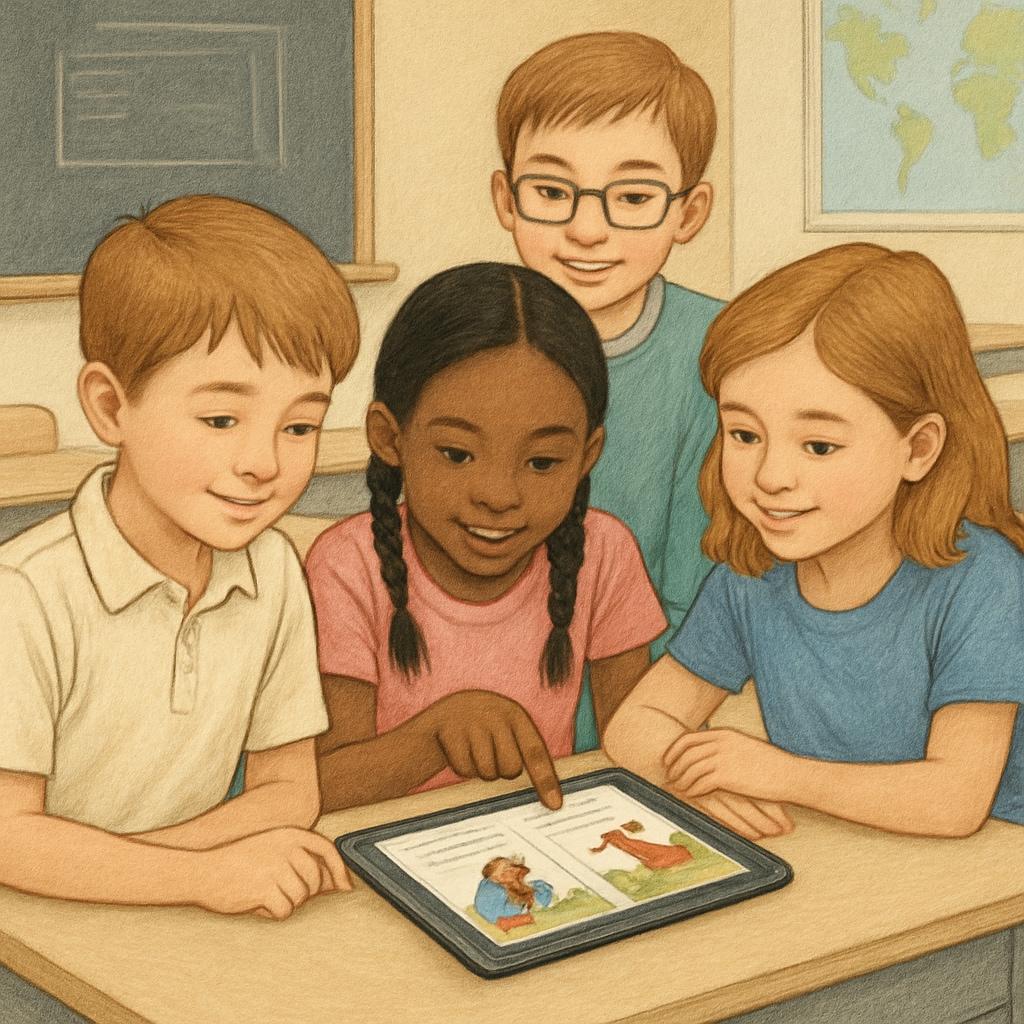 An image showing children using a tablet to read storybooks in a classroom setting. Children reading storybooks on a tablet in a classroom setting