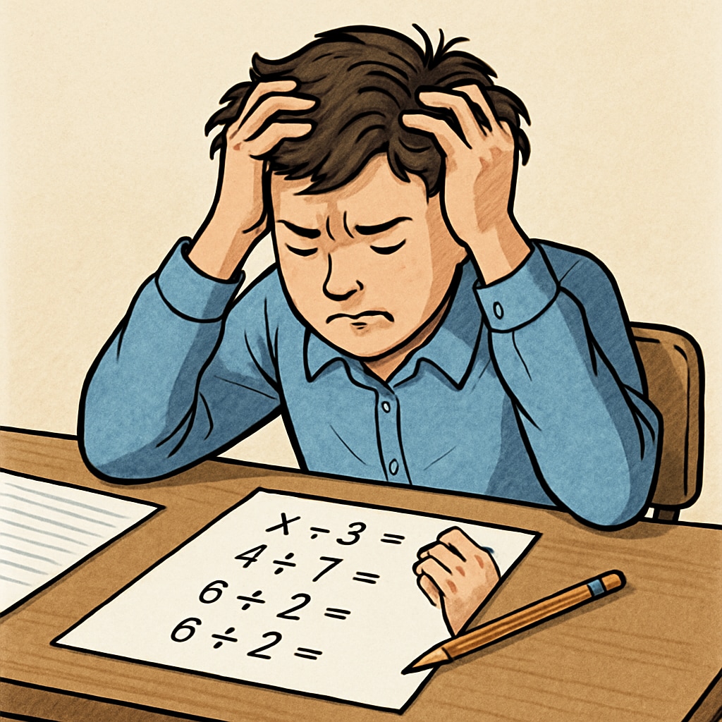 A student sitting at a desk, holding their head in frustration during a math exam. A frustrated student experiencing exam anxiety during a math multiple-choice test.