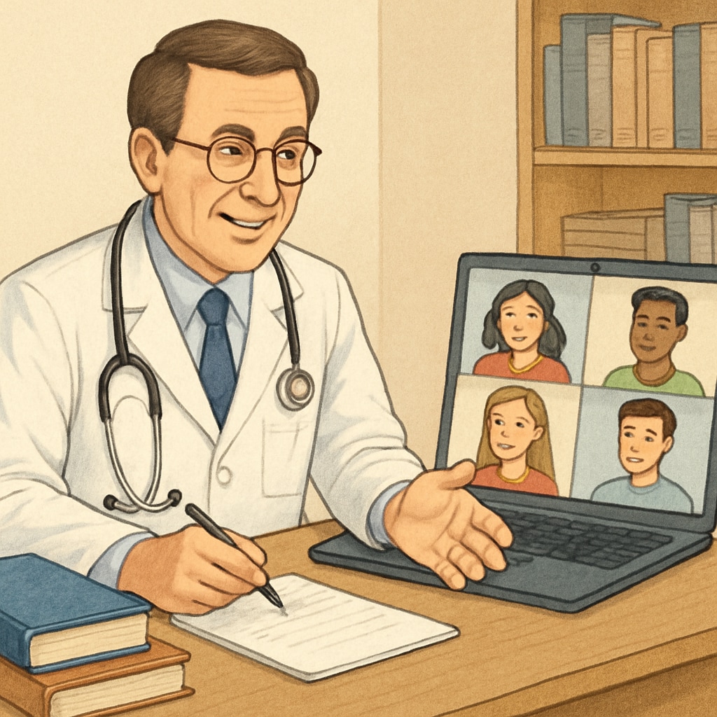 A professional doctor answering student questions during a virtual mentorship session. Doctor providing medical career advice to K12 students