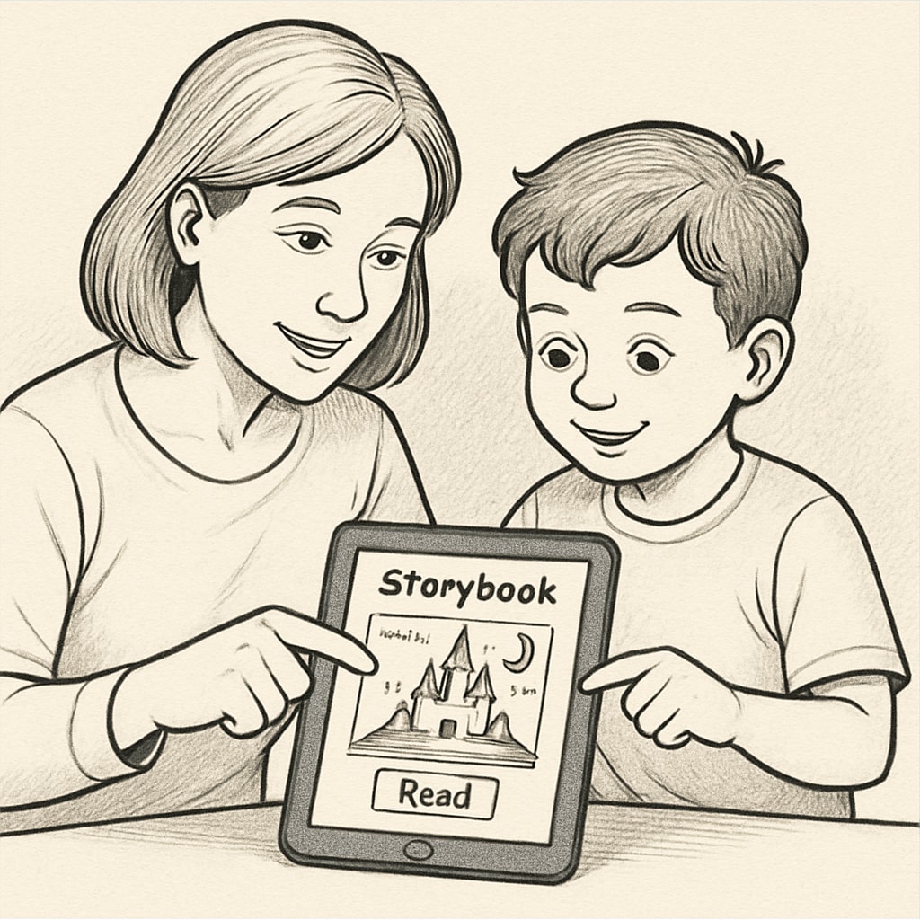 A close-up image of a parent helping their child navigate a storybook app on a tablet. Parent assisting a child with a storybook app on a tablet
