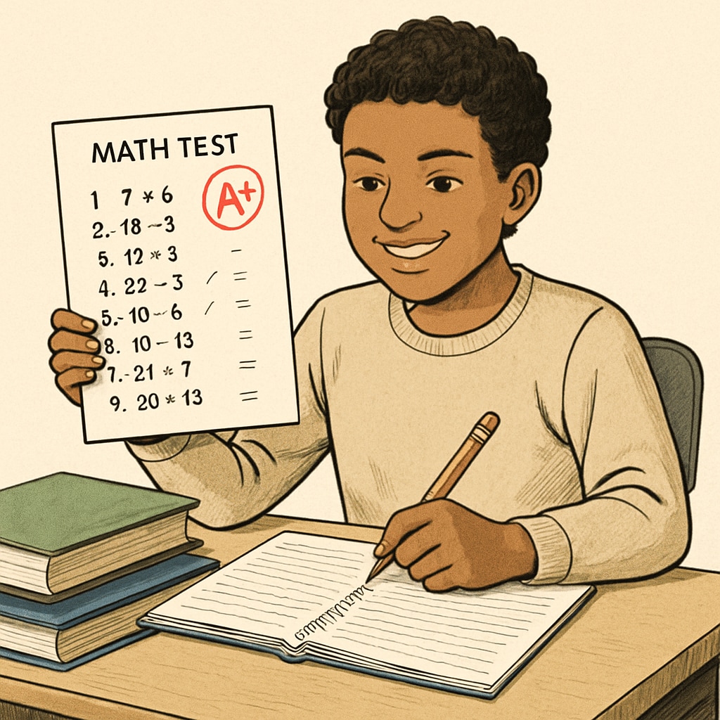 A confident student reviewing their math test answers with a smile on their face. A confident student overcoming math test anxiety and reviewing their answers.