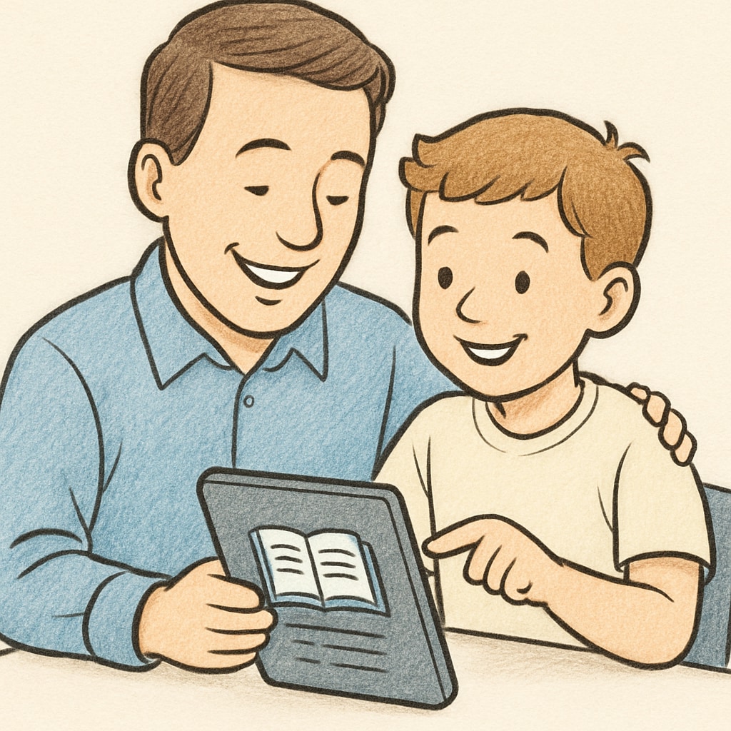 A smiling parent and child using a tablet together, symbolizing engagement with a reading app. Parent and child using a children's reading app on an Android device.