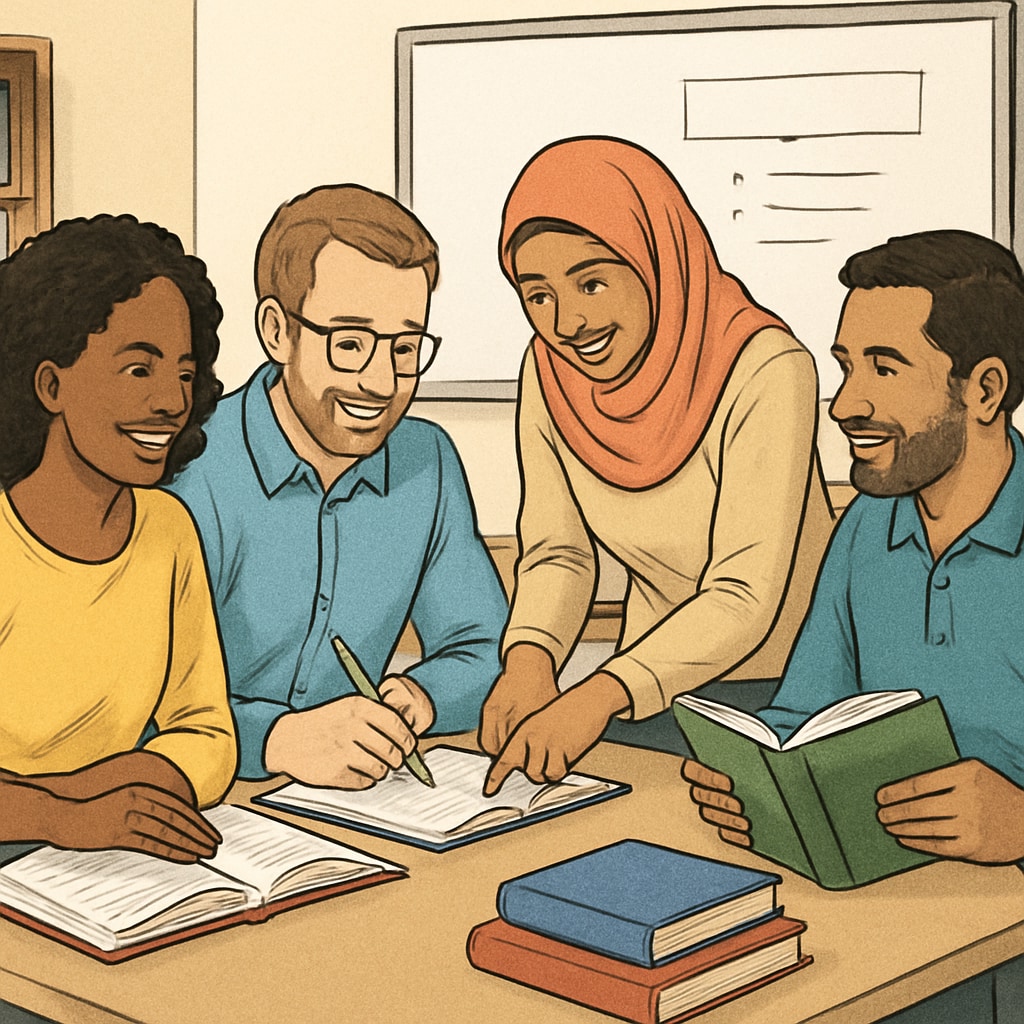 A group of adult students of diverse backgrounds collaborating in a classroom setting, illustrating inclusive and multicultural education. Multicultural adult students working together in a classroom, showing adult education and cultural adaptation.