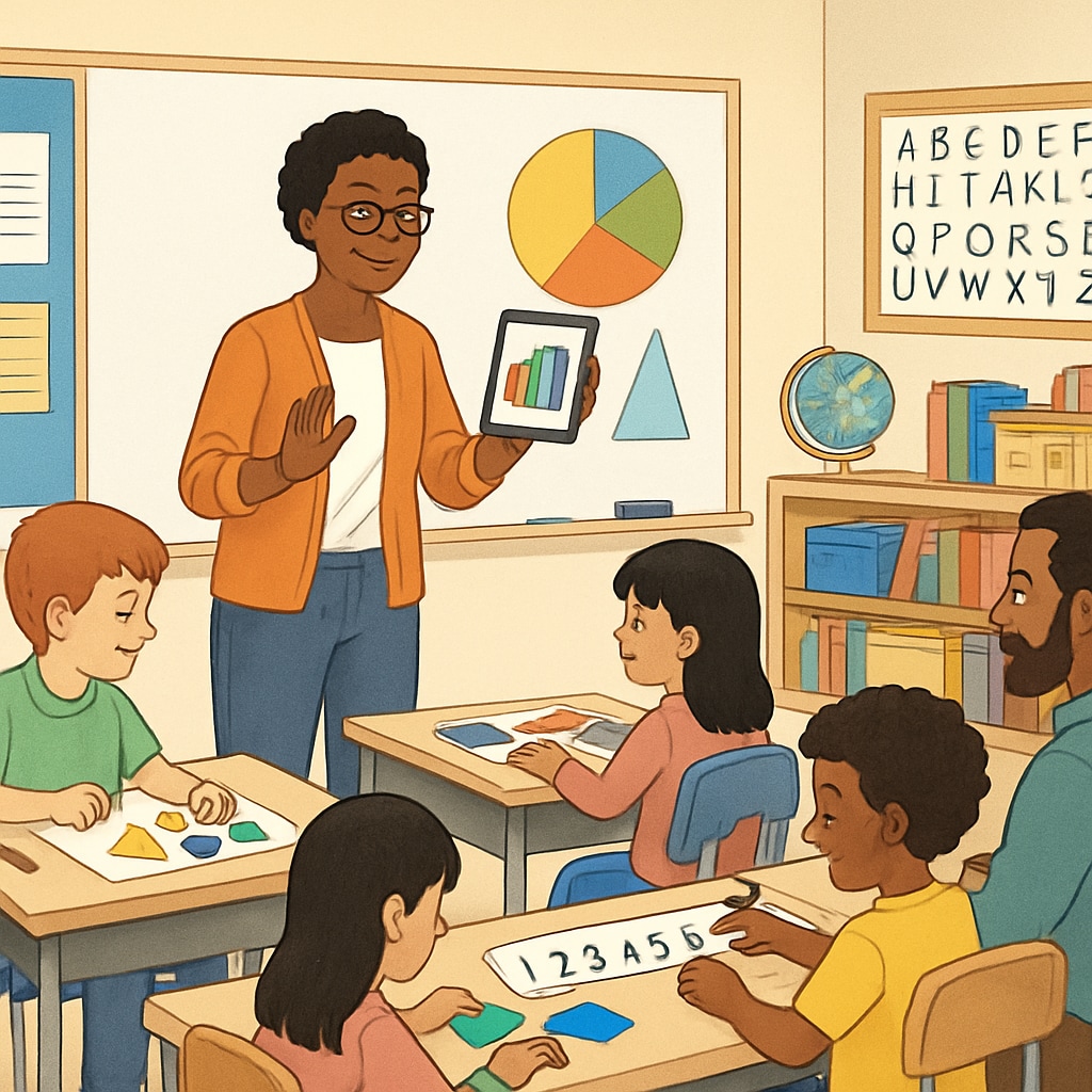 A classroom setting with diverse students and an educator using innovative teaching methods. Educator teaching diverse students in a US classroom, representing career growth opportunities.