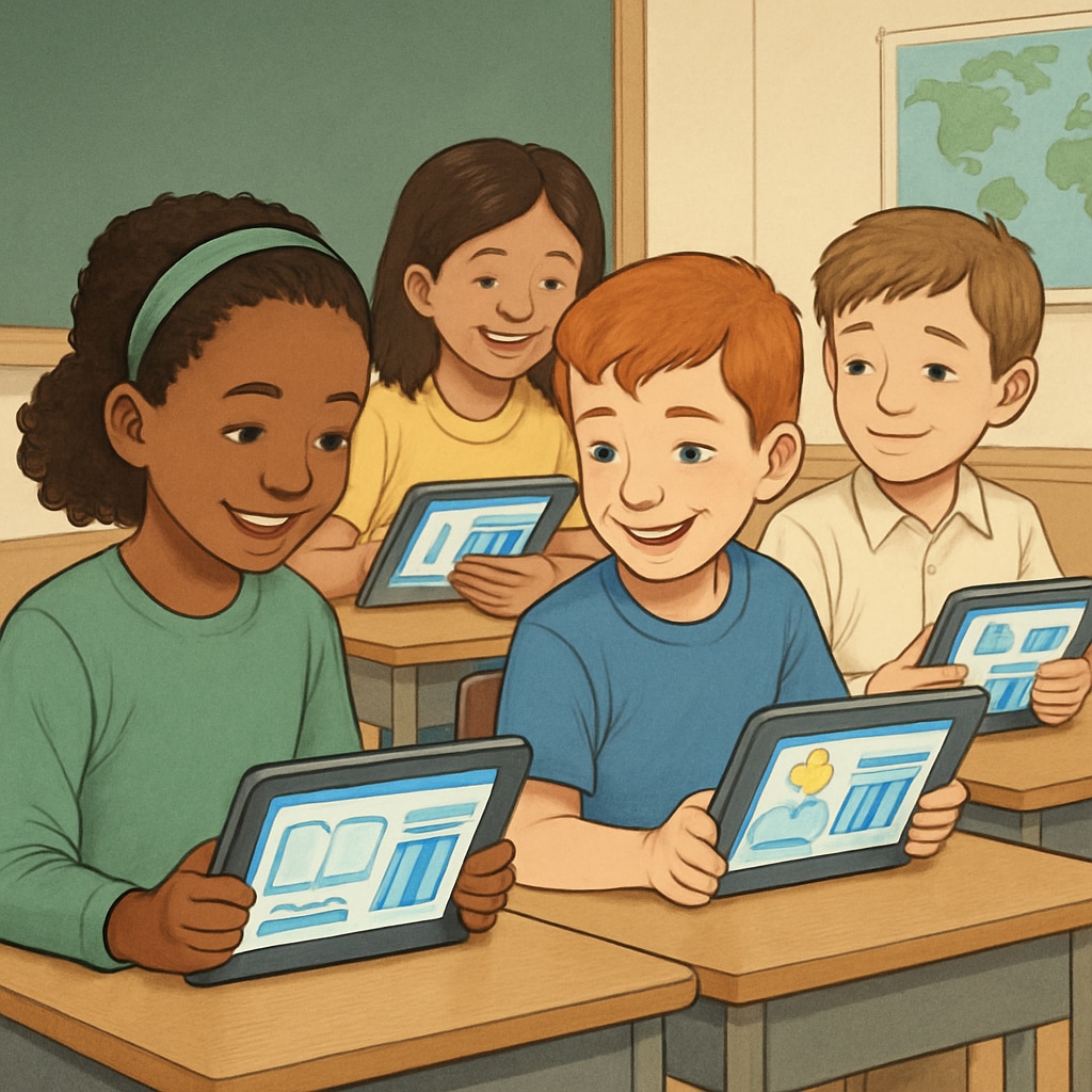 A group of children happily reading digital books on tablets, demonstrating the app in action. Children using a digital reading app on tablets in a classroom setting.
