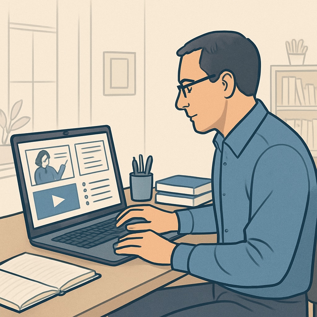A student using an online learning platform on a laptop, illustrating virtual education for adult learners. Adult learner studying foundational subjects online, demonstrating accessible education resources.