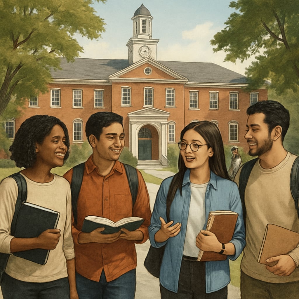 A university campus in the US with international students walking and discussing their studies. International students at a US university campus, symbolizing study-abroad opportunities.