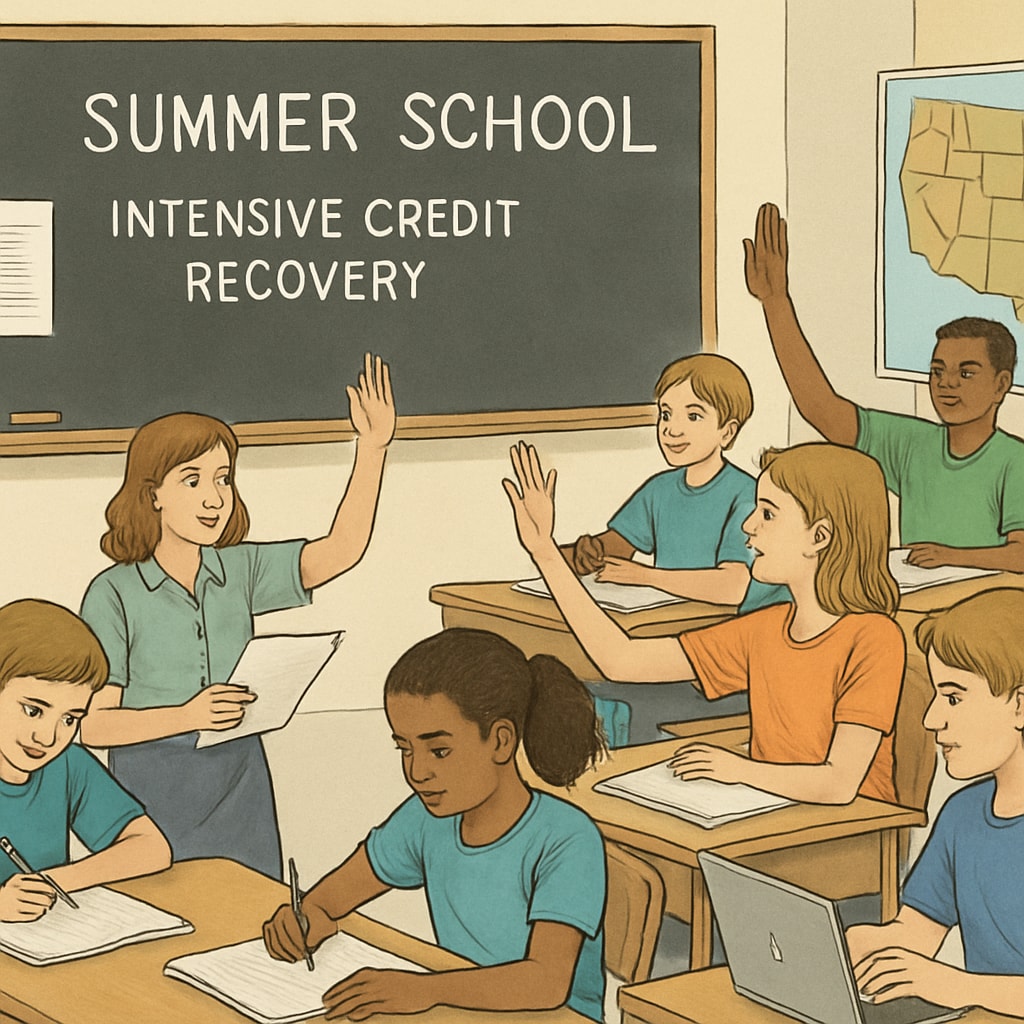 A classroom setting with students engaging in summer school activities, representing intensive credit recovery programs. Students participating in summer school for credit recovery.