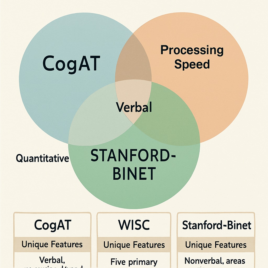 A visual representation of CogAT, WISC, and Stanford-Binet tests, showing their overlapping and unique features. Diagram comparing CogAT, WISC, and Stanford-Binet for evaluating gifted children.