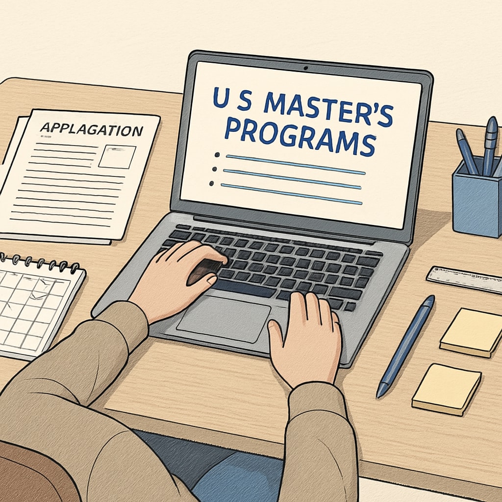 A student researching U.S. master's programs on a laptop, with application documents and a calendar nearby. Student planning U.S. master's applications with documents and a calendar.