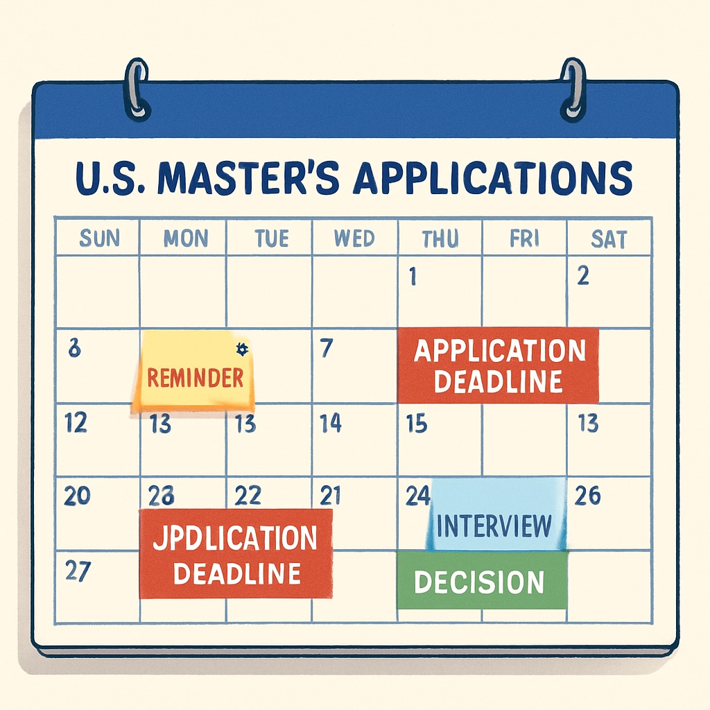 A wall calendar marked with key dates for U.S. master’s applications, including deadlines and reminders. Calendar with key U.S. master’s application dates highlighted.