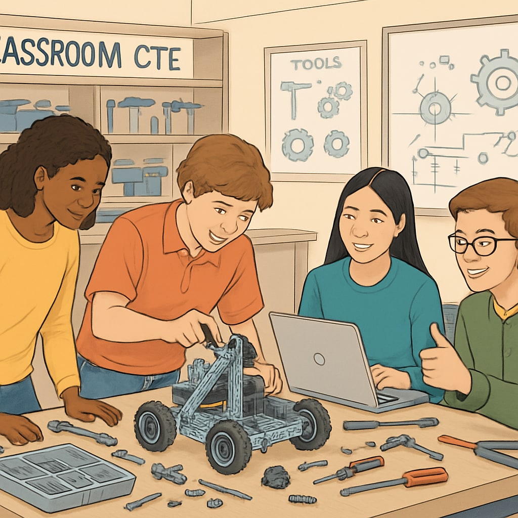 A group of high school students working on a robotics project in a CTE classroom, emphasizing hands-on learning and collaboration. High school students collaborating on a robotics project in a CTE classroom.