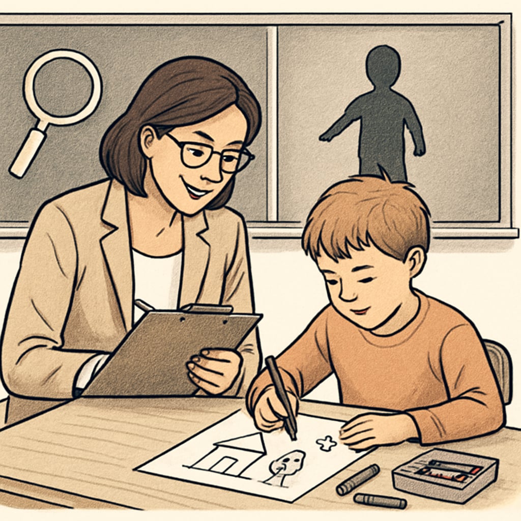 A teacher and child working on a creative project, symbolizing observation and performance-based evaluations. A teacher and a child engaged in a creative project, representing multidimensional assessments for gifted children.