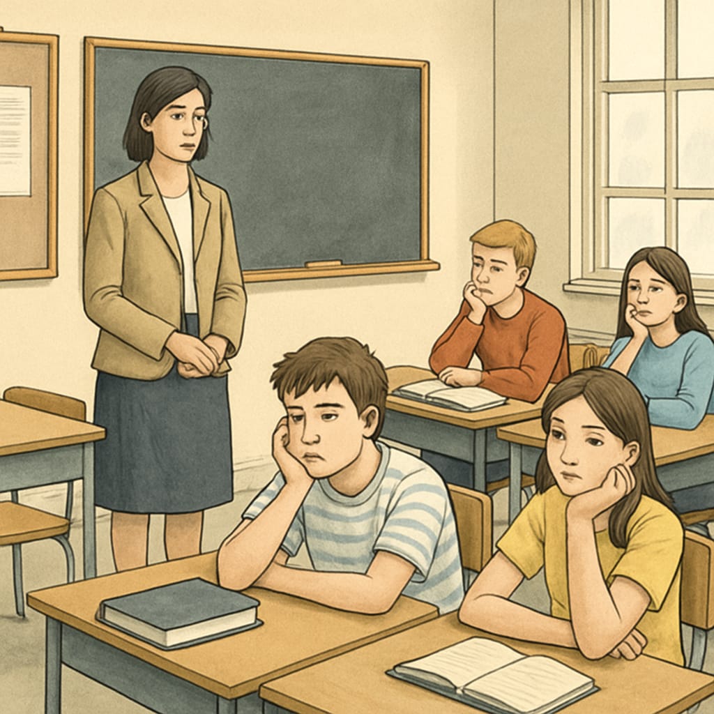 A classroom scene where students appear disengaged, looking bored, and a teacher is standing at the front. Bored students and a teacher in the classroom, illustrating student boredom in education research.