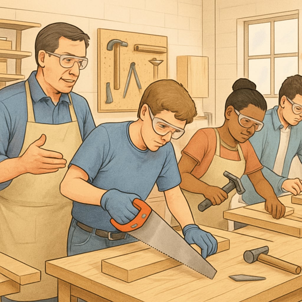 An instructor guiding students in a carpentry workshop, illustrating the hands-on aspect of CTE programs within a school district. An instructor with students in a carpentry workshop showcasing CTE in action.
