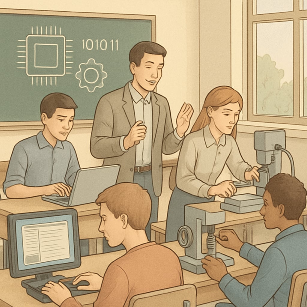 A classroom where students are engaging in hands-on technical education, such as working on computers or machinery. Students learning technical skills in a classroom as part of career and technical education programs.