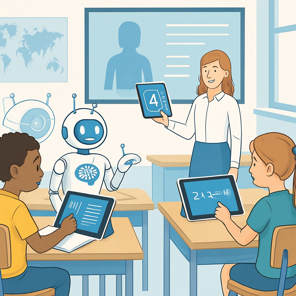 A futuristic classroom where students interact with AI-powered devices, symbolizing personalized learning. AI-powered classroom showcasing personalized learning tools.