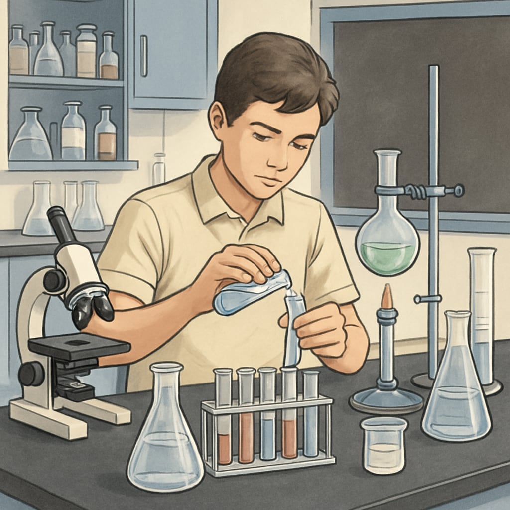 A high school student working on a science project in a well-equipped laboratory, illustrating the integration of technical and academic learning. A high school student participating in a lab experiment, showcasing the blend of academic and technical learning.
