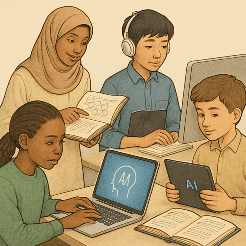 Students from diverse backgrounds accessing online educational content via AI-enabled devices. Diverse students using AI tools to access global education resources.