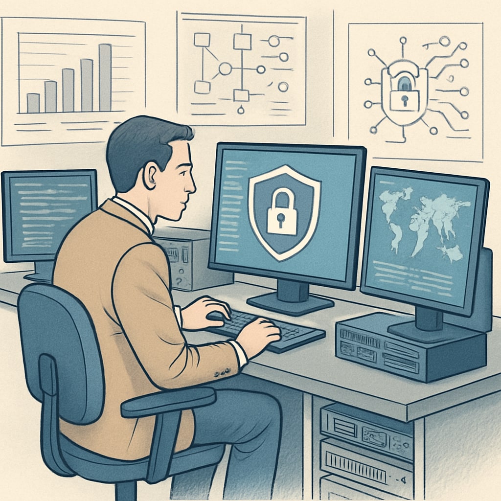 A professional working in a cybersecurity lab, analyzing data on multiple screens. A cybersecurity professional analyzing network data to prevent cyberattacks.