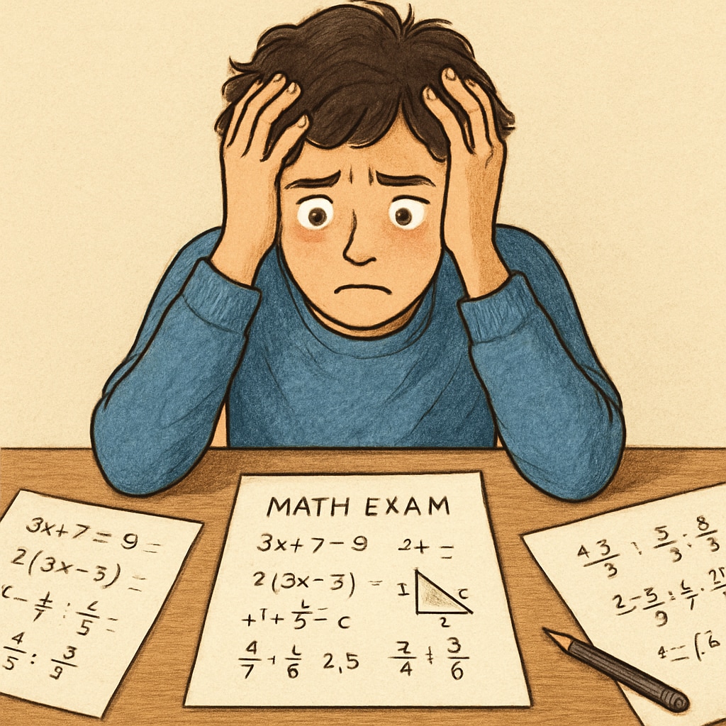 A stressed student holding their head while attempting a math exam. The image reflects the tension and anxiety linked to math tests. A student experiencing math anxiety during a multiple-choice exam.