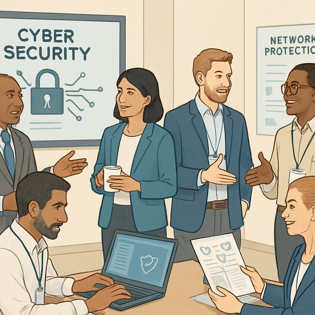 A diverse group of professionals networking at a cybersecurity conference. Cybersecurity professionals networking and discussing industry trends.