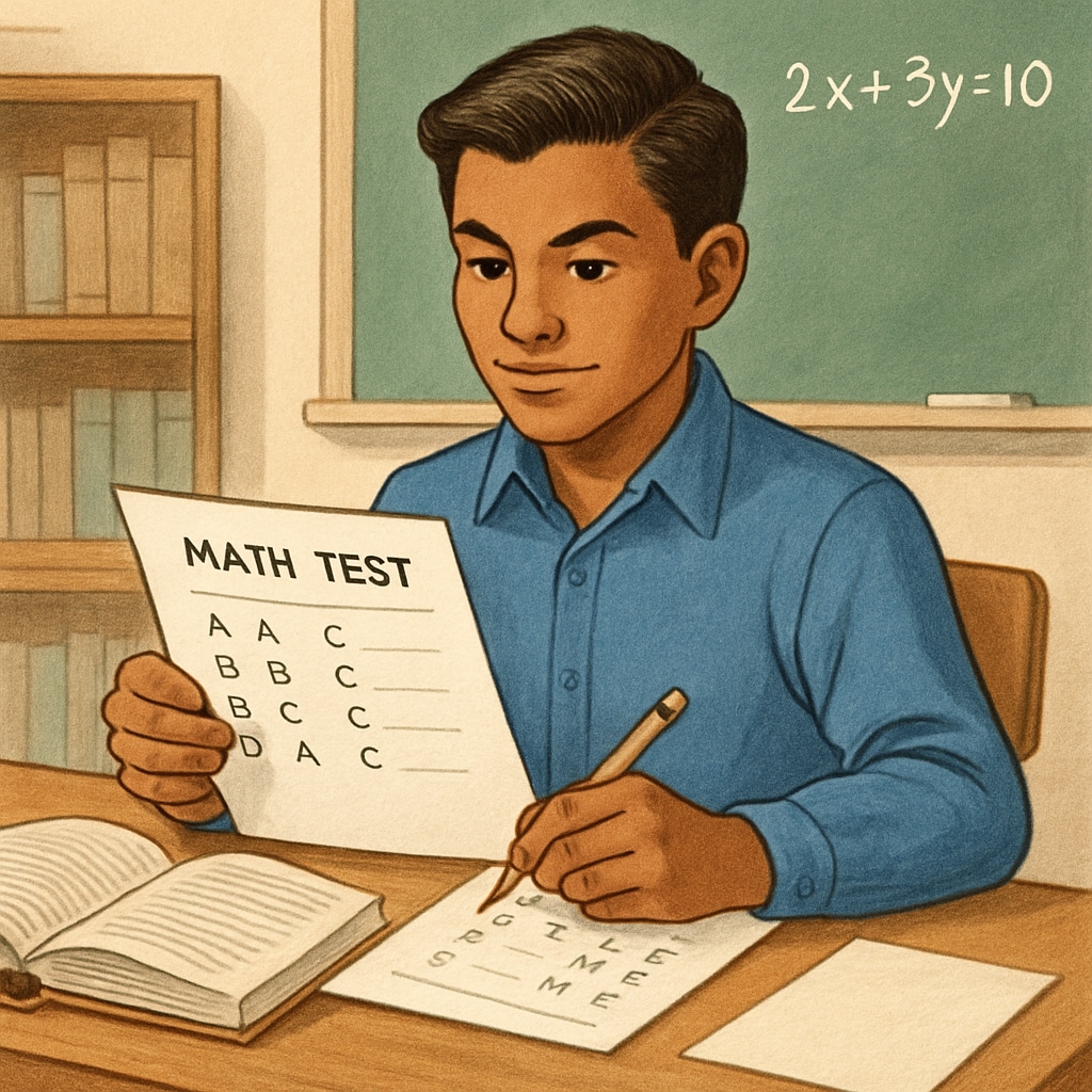 A confident student reviewing answers on a multiple-choice math test, showcasing determination and reduced anxiety. A student overcoming math anxiety and confidently tackling multiple-choice questions.