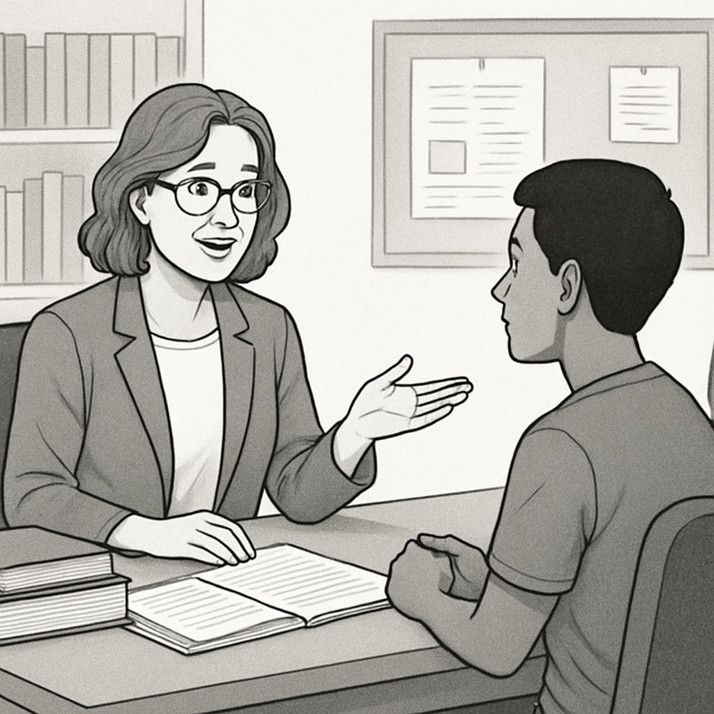A high school counselor discussing credit recovery options with a student. High school counselor helping a student catch up on credits.