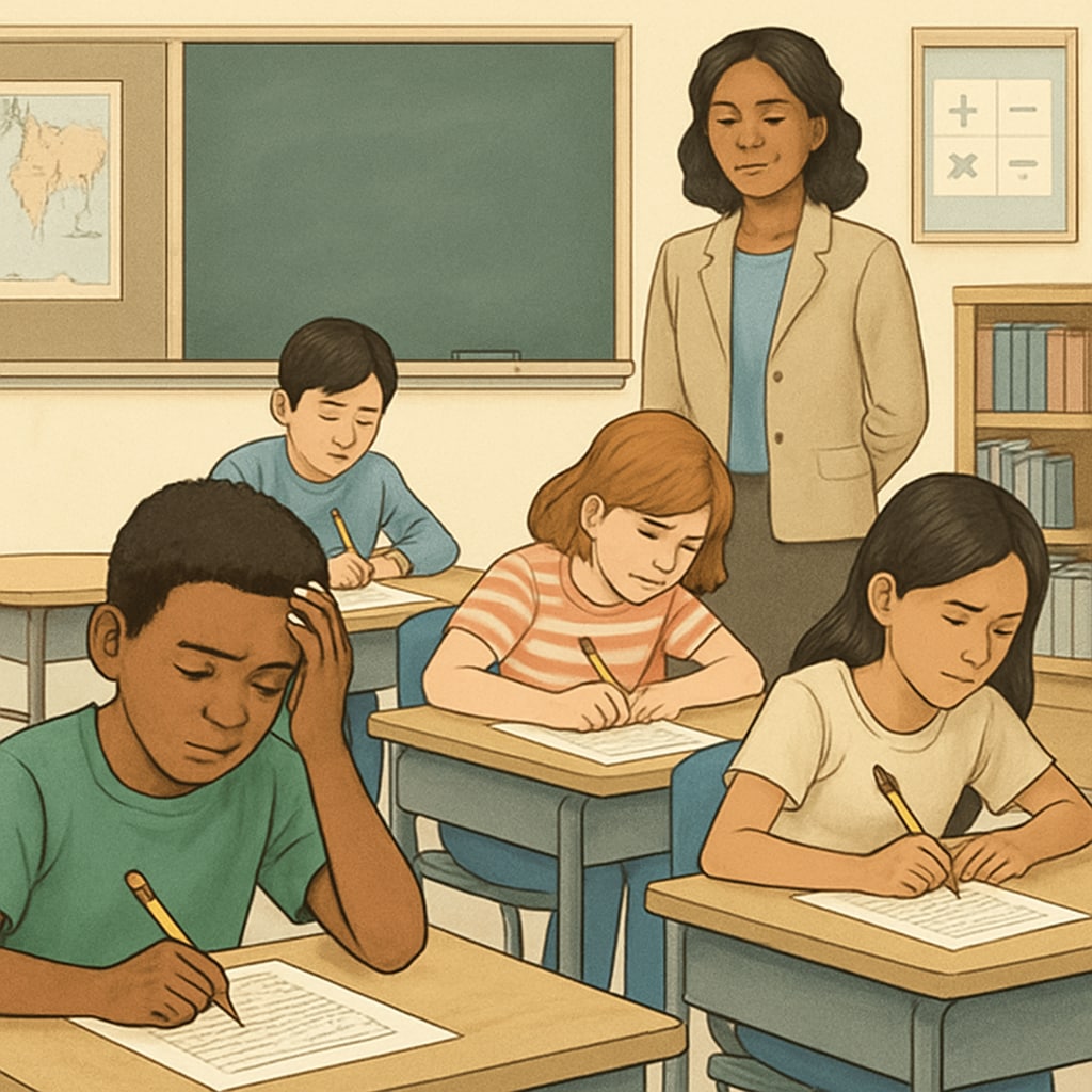 A classroom setting with a diverse group of students taking a standardized test, highlighting the challenges some may face. Students taking a standardized test, including those with ADHD and gifted traits.