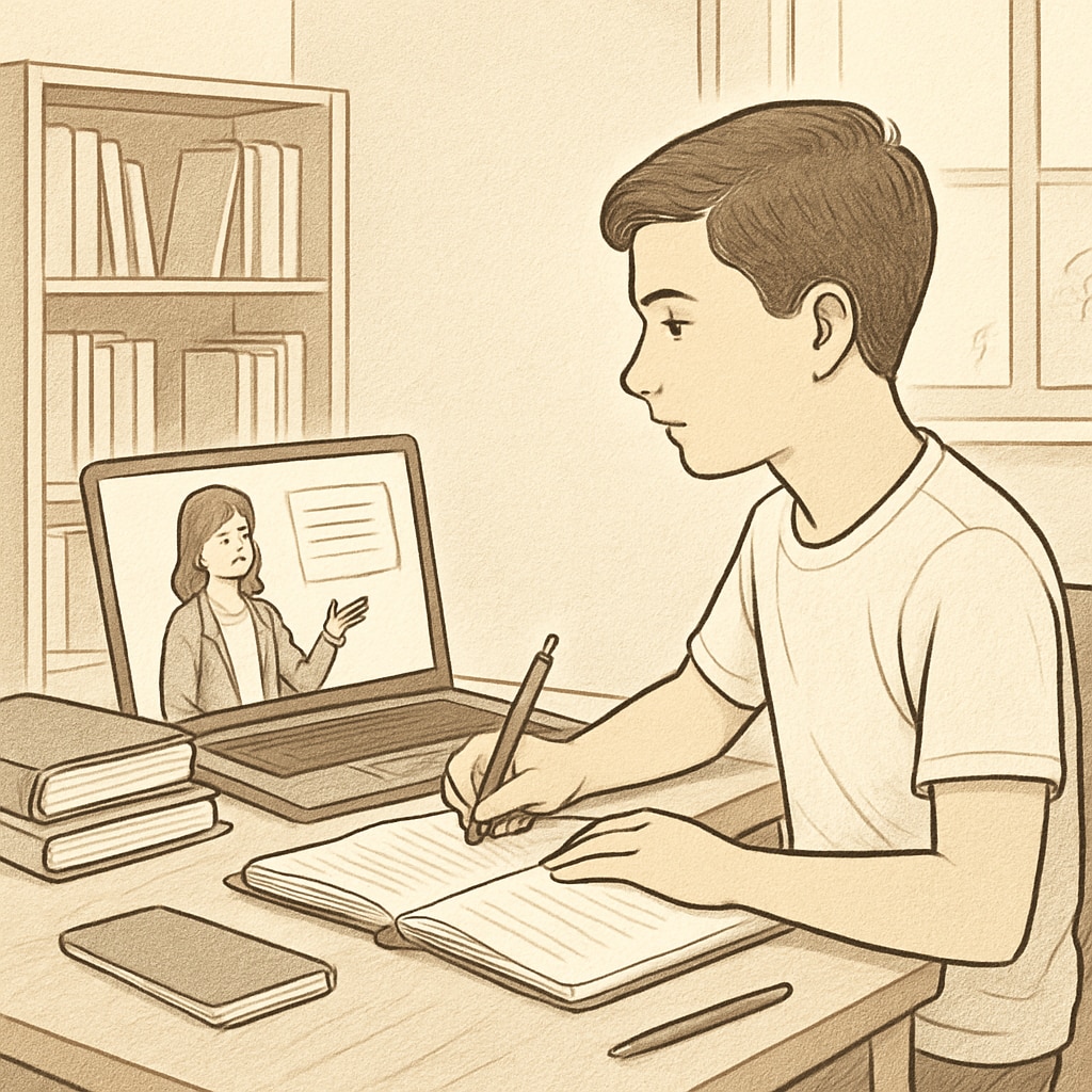 A student working on an online course at home, representing independent credit recovery. High school student catching up on credits through online courses.