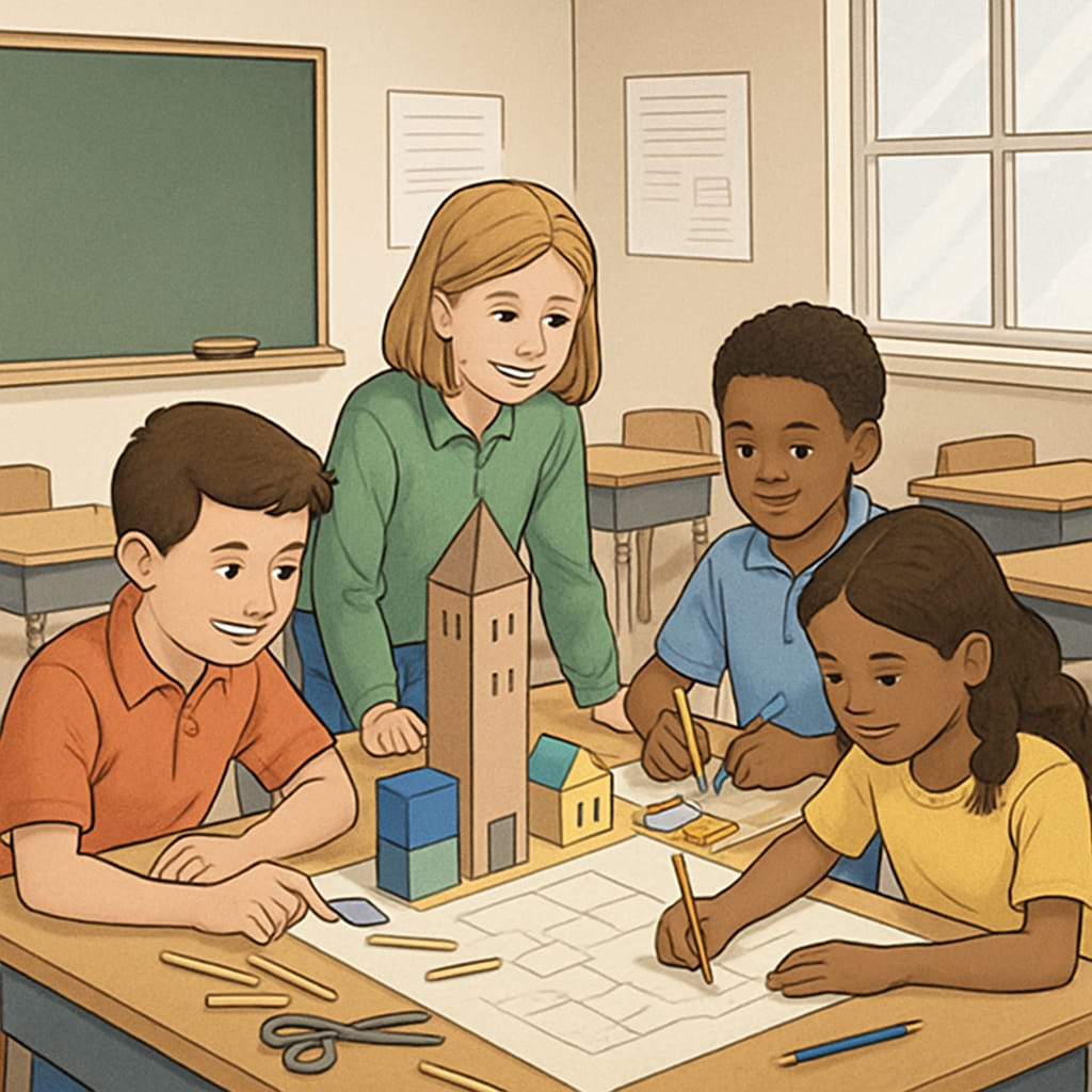 A classroom setting where students engage collaboratively in a project-based activity to emphasize skills beyond grades. Students working together on a project-based learning activity.