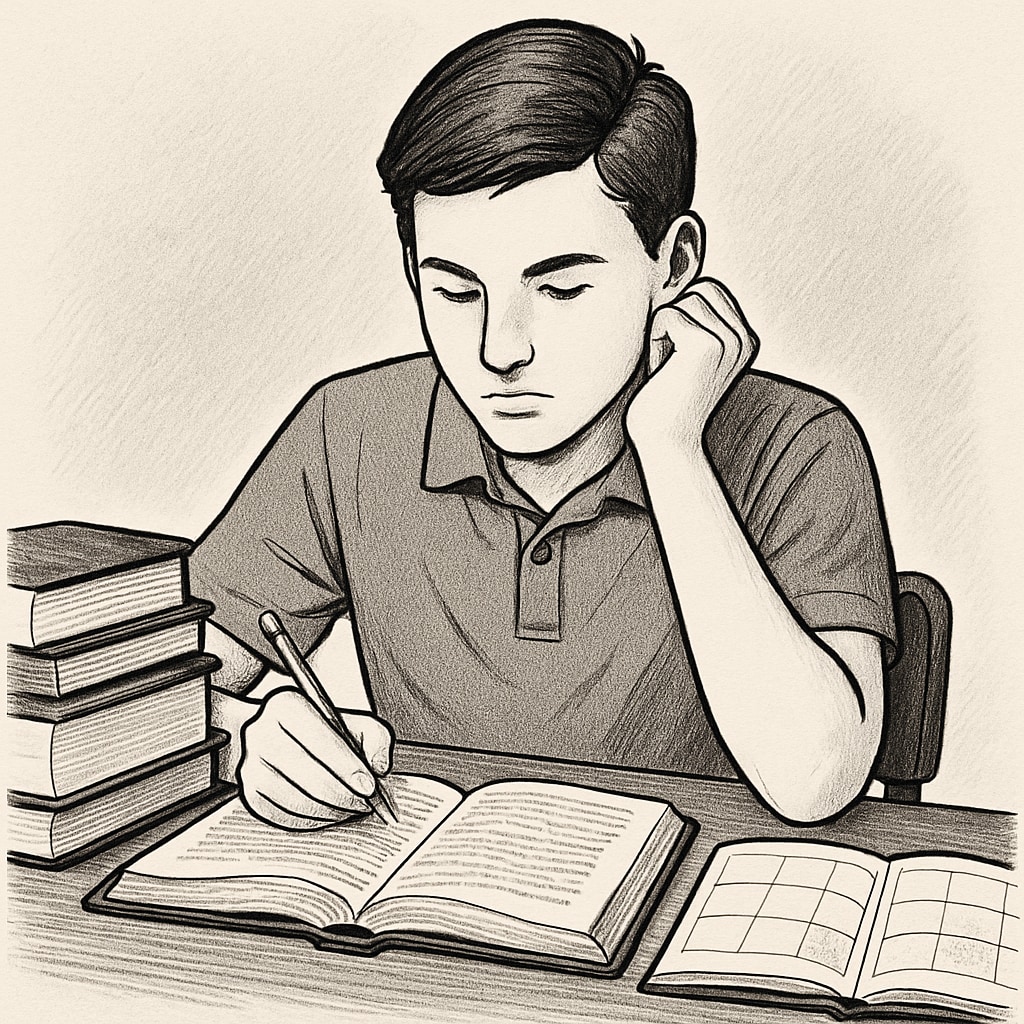 A student sitting at a desk with books and a planner, focusing on a study session to recover high school credits. High school student working to recover credits for graduation, addressing ADHD learning challenges.