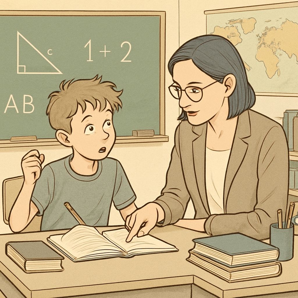 A teacher engaging with a student who displays signs of both ADHD and high intellectual potential, emphasizing the need for tailored support. Teacher supporting a student with ADHD and giftedness.