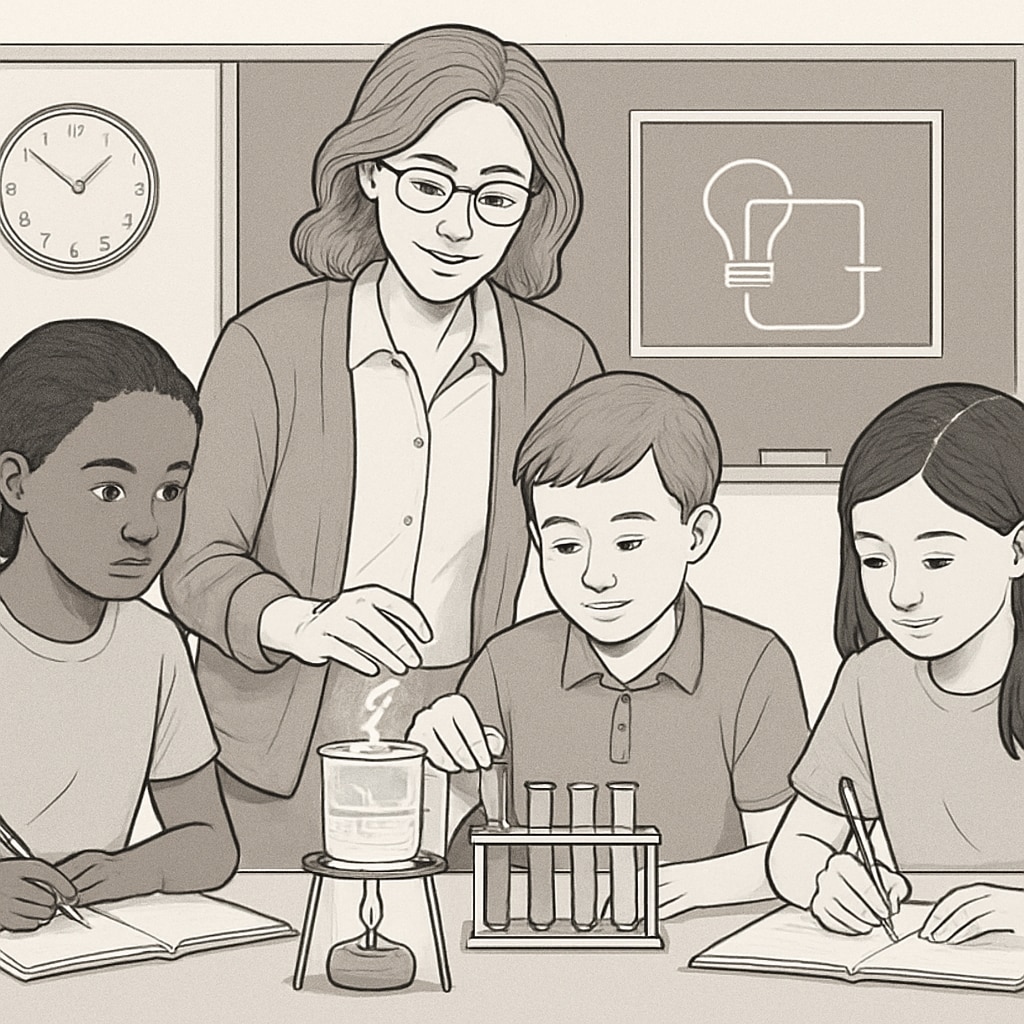 A teacher guiding students through a hands-on science experiment, emphasizing the principles of project-based learning. Teacher and students conducting a hands-on project in a science class.