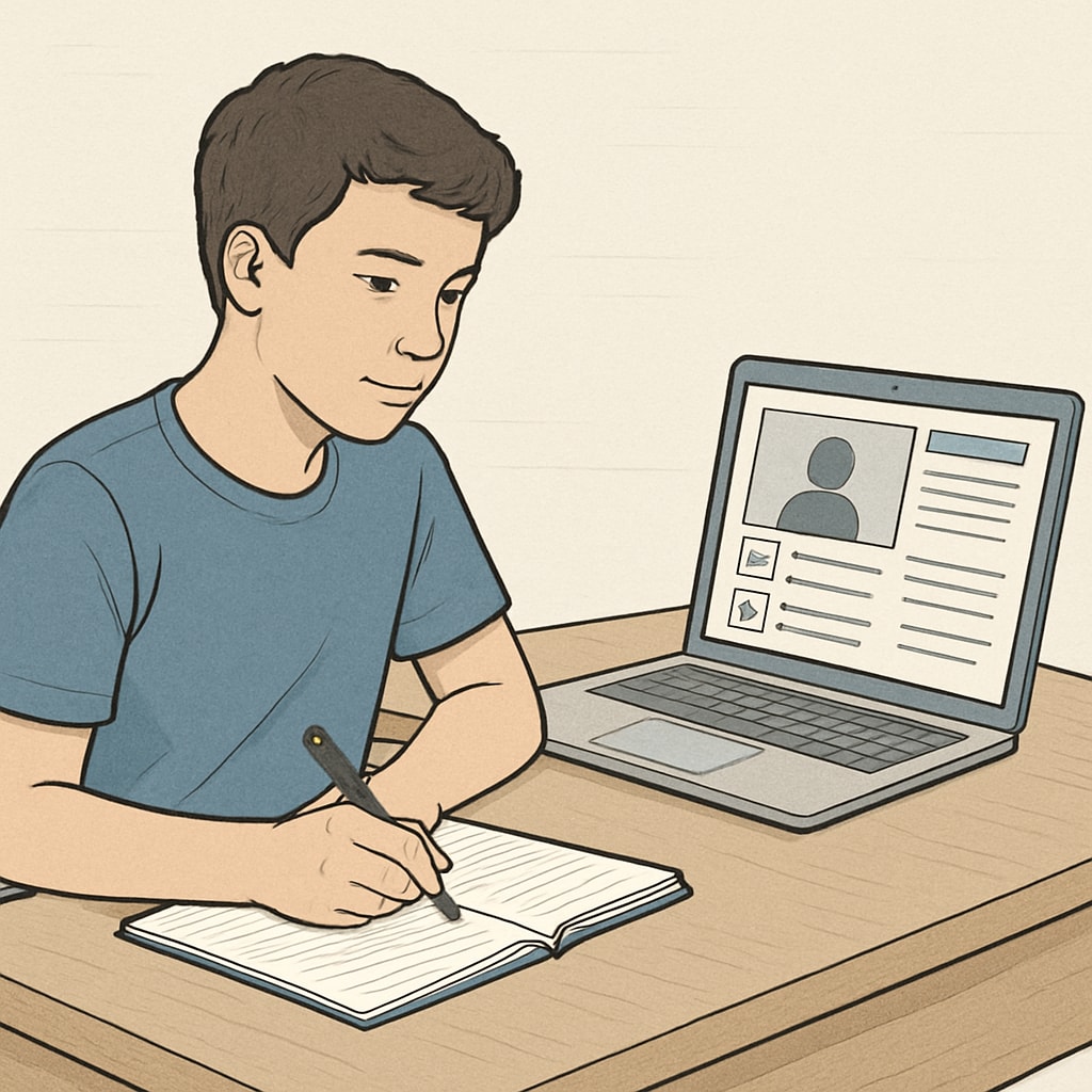 A laptop displaying an online learning platform with a high school student taking notes beside it. Online learning as a method for ADHD students to recover high school credits.