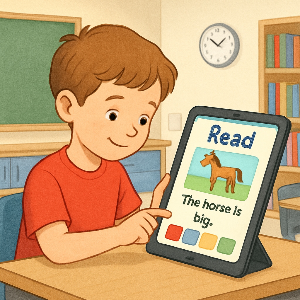 A child using a tablet with an engaging reading app, showcasing modern educational tools for kids. A child engaged with an Android children reading app while using a tablet.