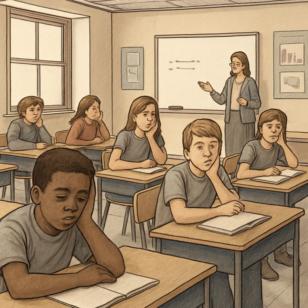 Students appearing bored in a classroom, highlighting the problem of low engagement.