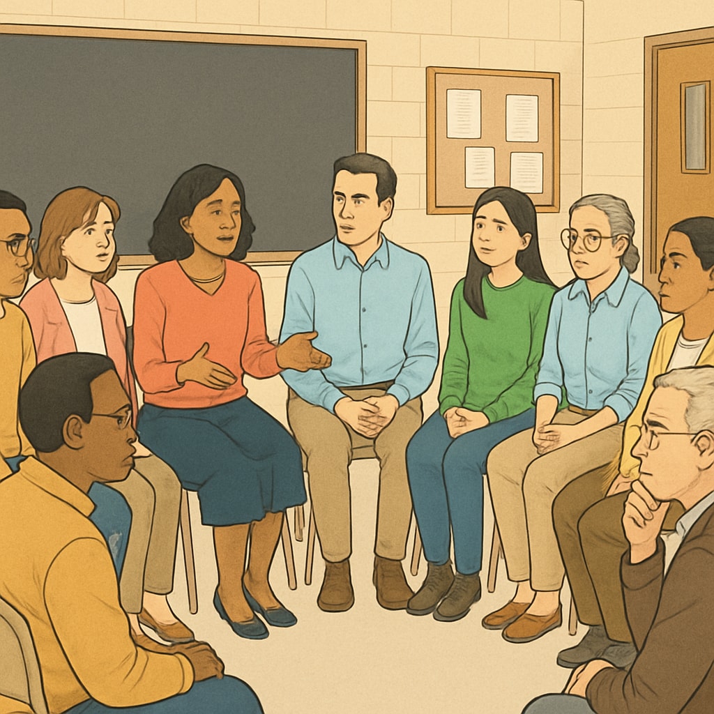 A concerned community gathering to discuss school governance and child safety. Community members discussing school board ethics and child safety concerns.