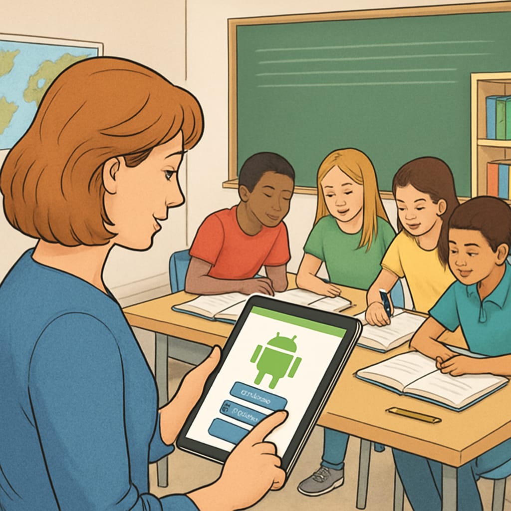 An educator reviewing an Android app on a tablet with a classroom of young students in the background, illustrating collaborative learning. An educator testing an Android children reading app in a classroom setting.