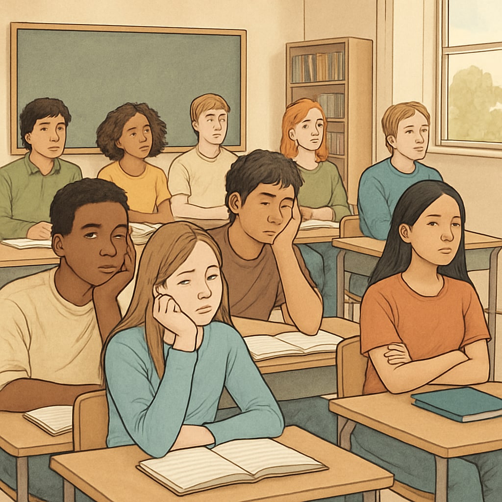 A diverse group of students sitting in a classroom, many looking distracted or bored, illustrating the global nature of student disengagement. Students appearing bored in a classroom, highlighting the issue of global disengagement in education.