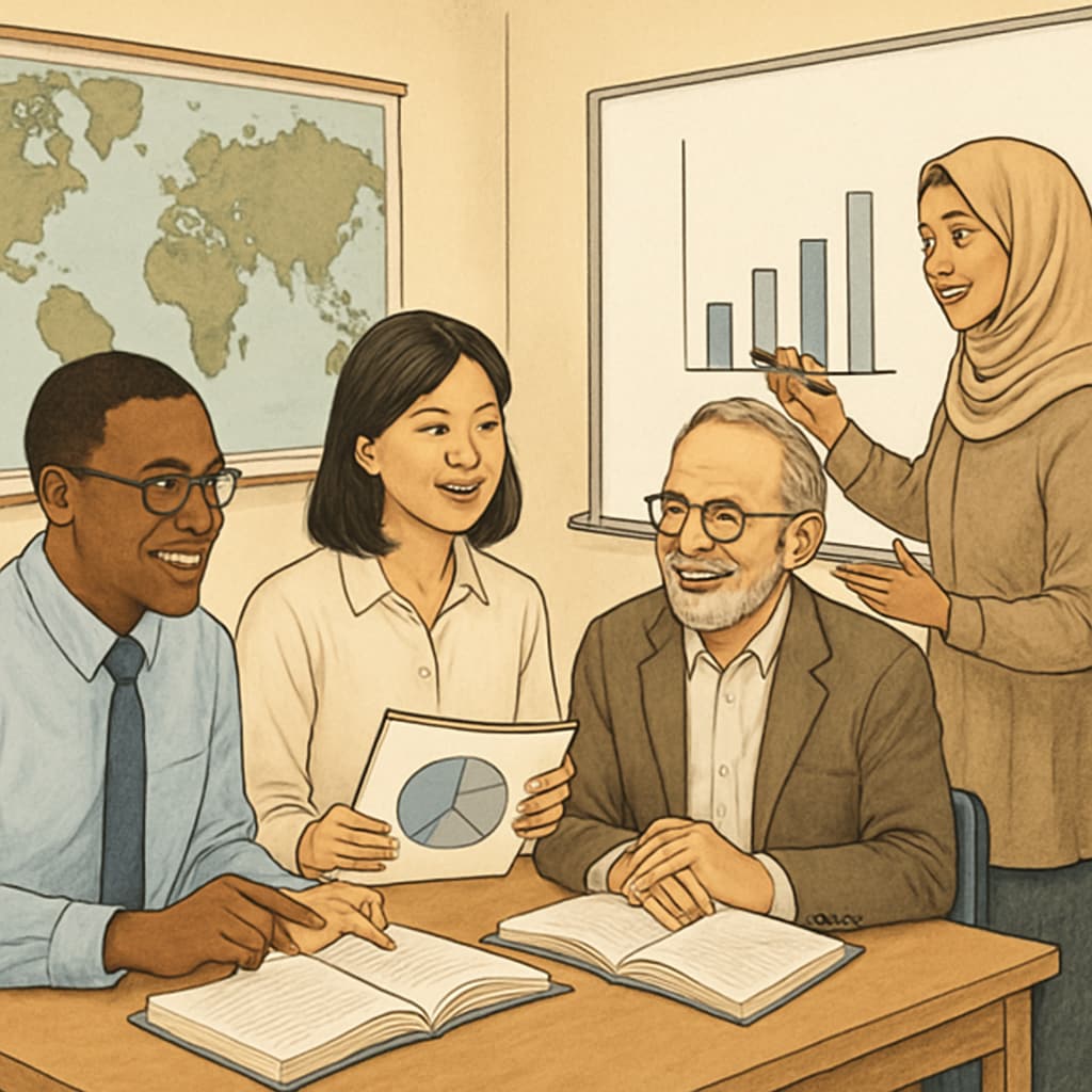 A classroom with international educators collaborating on innovative teaching methods, representing the global perspective gained through U.S. master’s programs. International educators collaborating in a classroom setting, relevant to U.S. master’s degree for K12 educators.