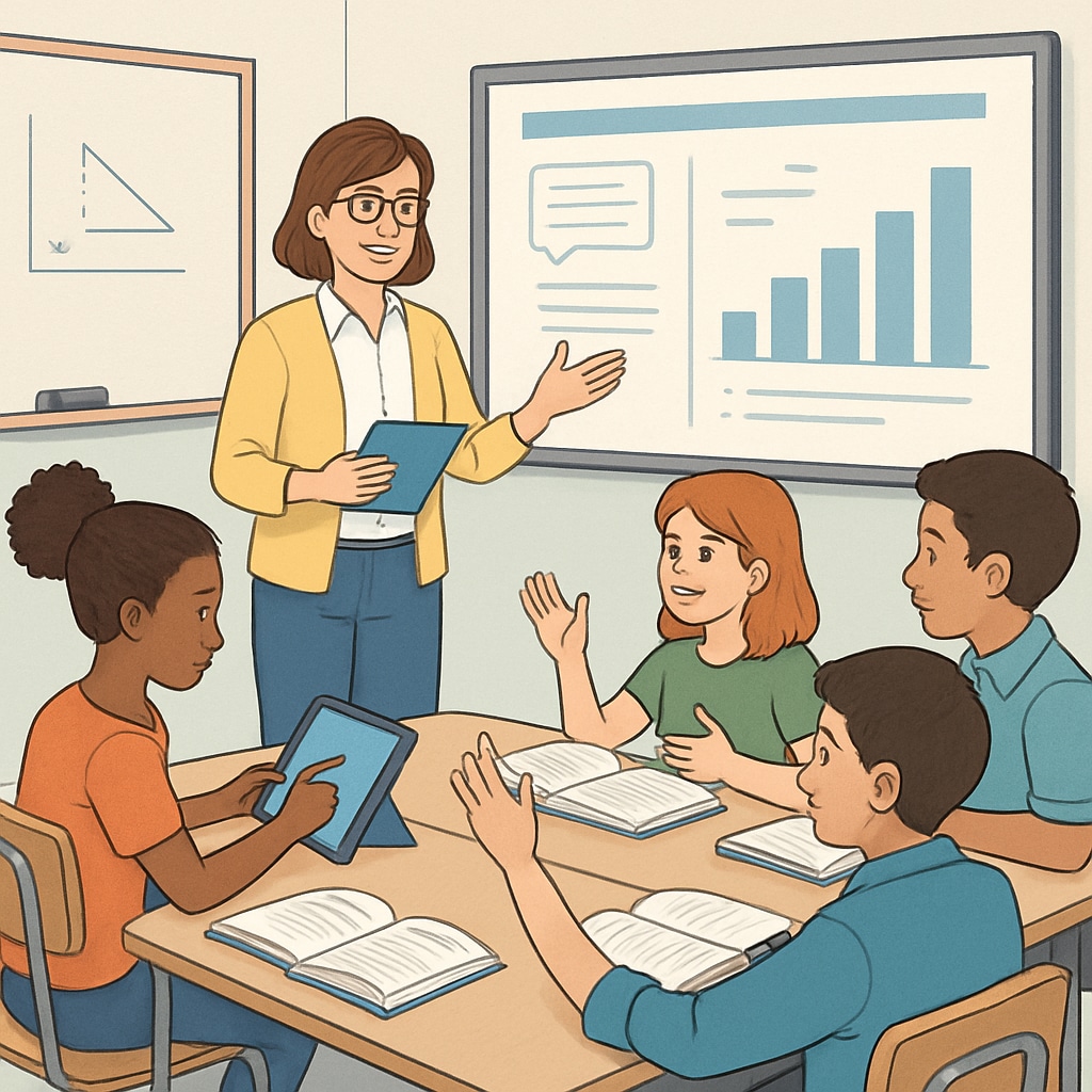 A teacher using interactive teaching methods, such as group discussions and technology, to engage students in a modern classroom setting. An engaged classroom where a teacher uses interactive methods to capture students' attention.